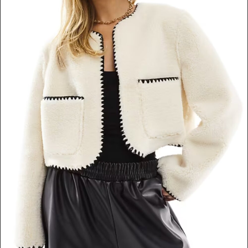 ASOS DESIGN bonded borg collarless jacket with contrast stitch in cream